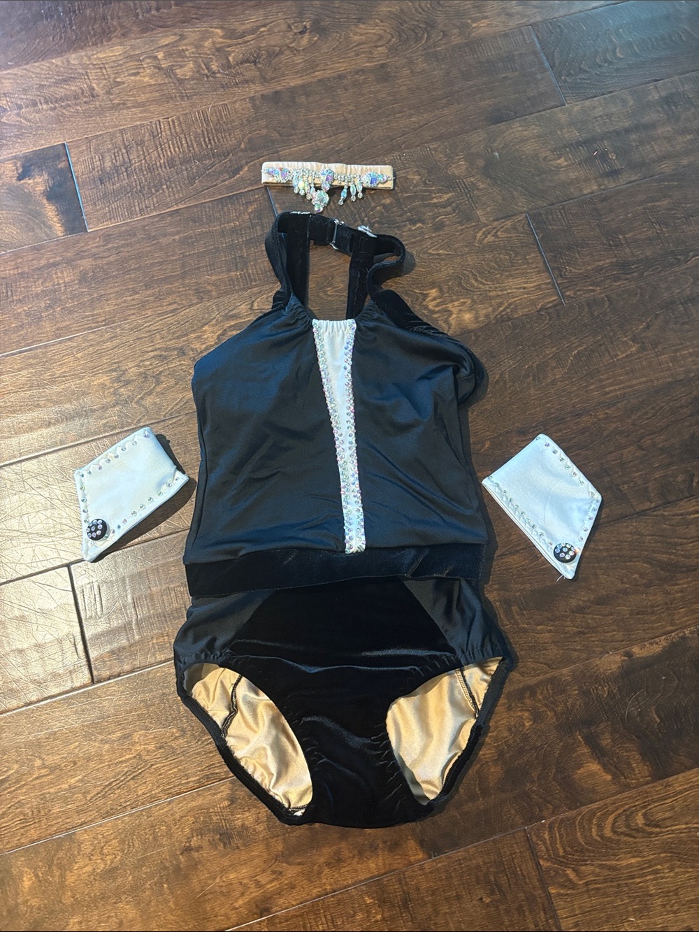 Black Velvet One-Piece Leotard with Rhinestone Trim